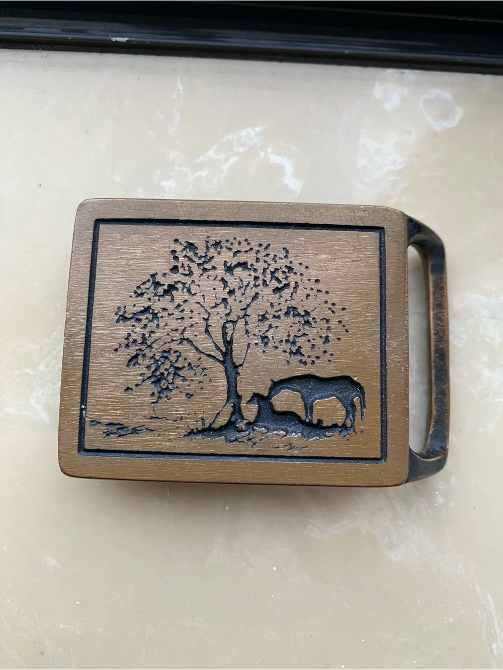 Vintage 1975 Tech Ether Guild Two Horses Brass Belt Buckle Western Hippie Tree